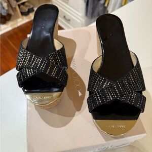 Jimmy Choo Black and Gold Wedge Sandals